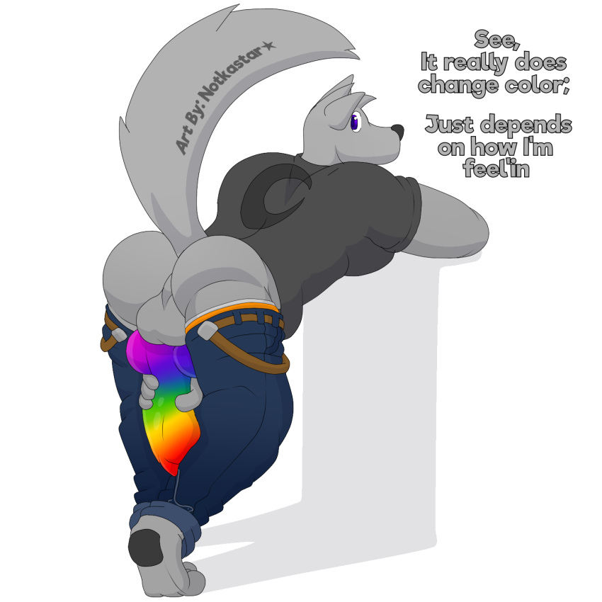 anthro ass backsack balls belt bodily_fluids bottomwear briefs canid canine canis clothed clothing dialogue genital_fluids genitals hi_res looking_back male male_focus male_only male_solo mammal moon notkastar pants pants_down partially_clothed penis penis_grab precum rainbow raised_tail shirt signature solo solo_male text topwear underwear undressing wolf zatch_(character)