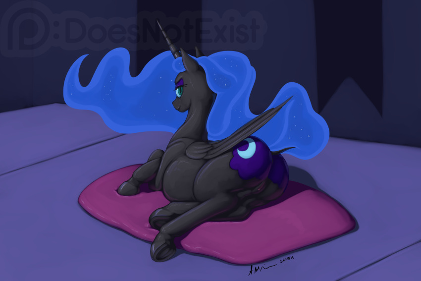 after_vore alicorn black_body doesnotexist equid equine friendship_is_magic genitals hi_res hooves horn looking_back lying mammal mane my_little_pony nightmare_moon_(mlp) on_side pussy stomach_bulge vore weight_gain wings