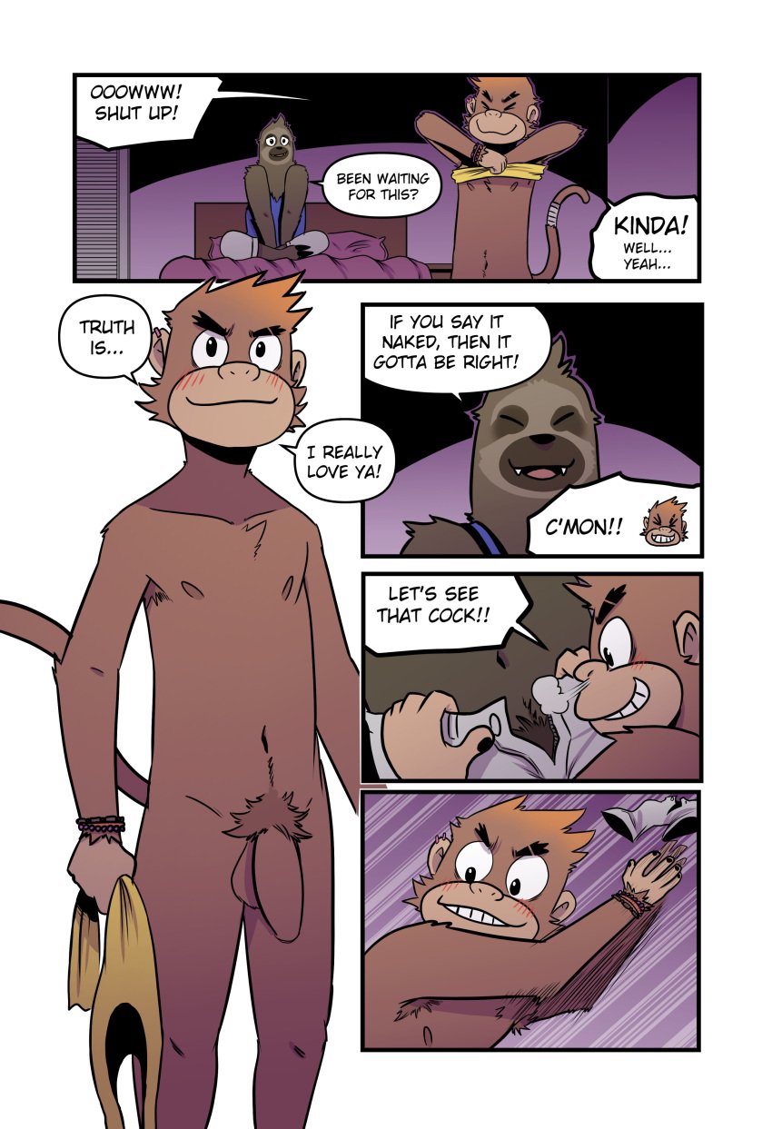 2boys absurd_res anthro balls bed bert_(tolok) blush bracelet brown_body brown_fur clothing comic duo english_text excited fur furniture gay genitals grey_body grey_fur haplorhine hector_(tolok) hi_res imminent_sex jewelry male male/male male_only mammal monkey nipples nude penis pilosan primate pubes shirt sloth speech_bubble tank_top text tolok topwear undressing undressing_another xenarthran yaoi