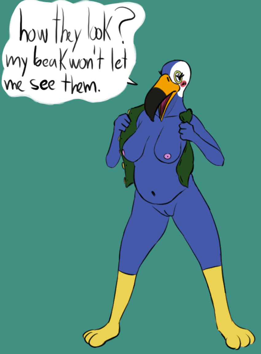 2021 anthro artrogero avian beak belly big_breasts bird blue_body bottomless breasts clothed clothing dialogue english_text female full-length_portrait genitals hi_res navel netflix nipples non-mammal_breasts non-mammal_nipples open_clothing open_topwear open_vest portrait pussy slightly_chubby solo speech_bubble standing talking_to_viewer text topwear toucan tuca tuca_and_bertie vest