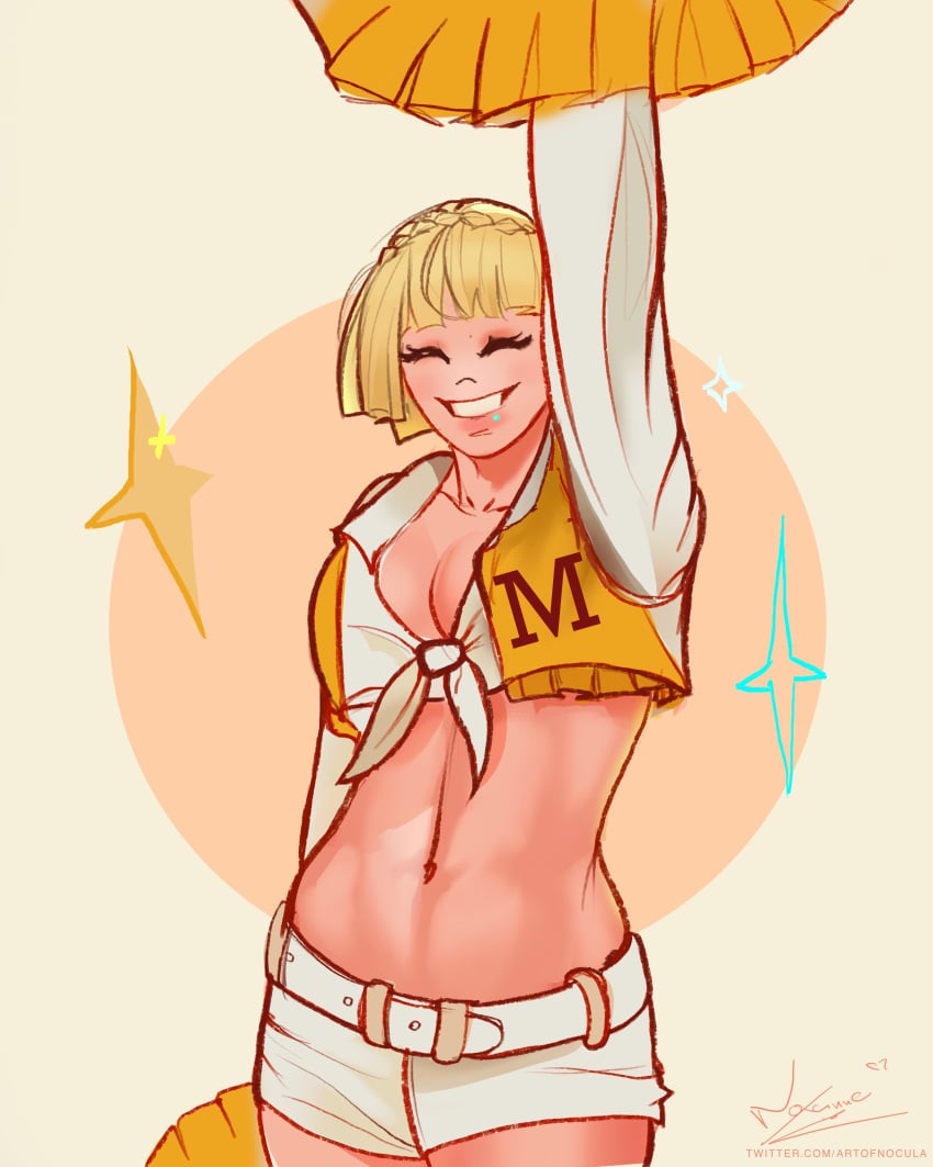 1girls artofnocula blonde_hair cheerleader cheerleader_uniform cleavage cute elden_ring female female_only fromsoftware modern_au navel needle_knight_leda noxanne shadow_of_the_erdtree short_shorts shorts thick_thighs