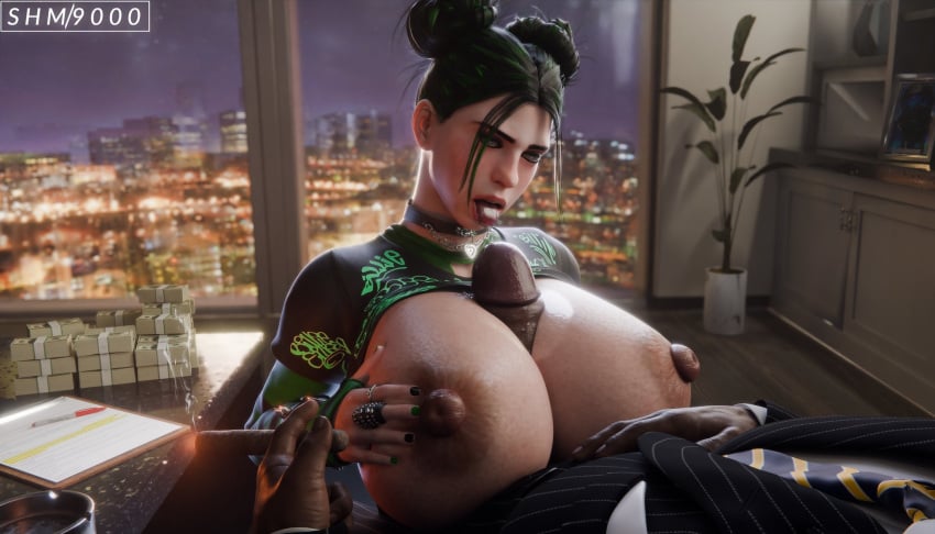 1boy 1girls 3d areolae big_breasts billie_eilish black_hair blue_eyes breasts breasts_out busty celebrity dark-skinned_male female female_focus green_hair hi_res hourglass_figure huge_breasts large_breasts looking_at_another looking_at_viewer nipples original paizuri penis superhentaimaster9000 tied_hair tongue tongue_out two-tone_hair