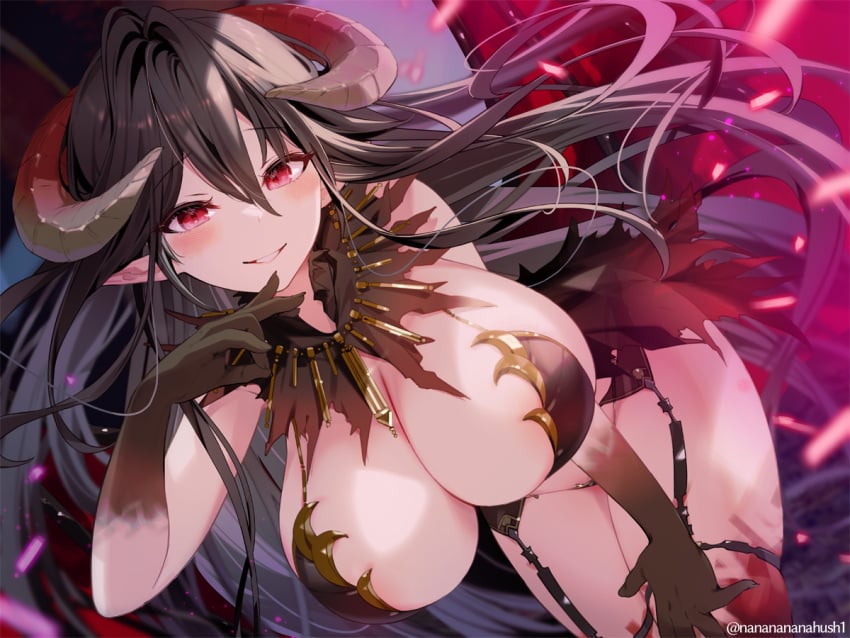 black_hair blush breasts cleavage demon_girl female female_only horns huge_breasts long_hair red_eyes revealing_clothes sakuma_shiki smile solo