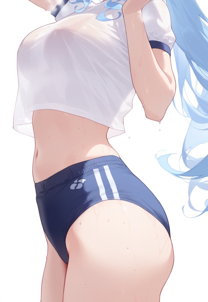 ai_generated blue_buruma breasts buruma female furina_(genshin_impact) genshin_impact head_out_of_frame long_hair meyro midriff navel shirt short_sleeves simple_background solo stomach striped sweat thighs twintails white_background white_shirt