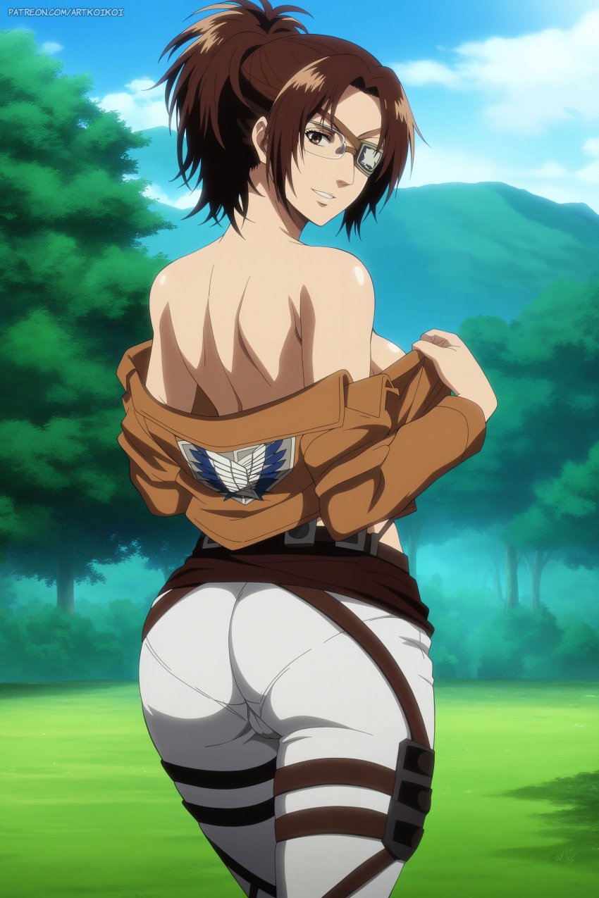 1girls ai_generated artkoikoi attack_on_titan breasts brown_hair clothed eye_contact female female_focus forest glasses hanji_zoe leggings looking_at_viewer no_bra outdoors partially_clothed shingeki_no_kyojin solo solo_female tight_clothing undressing