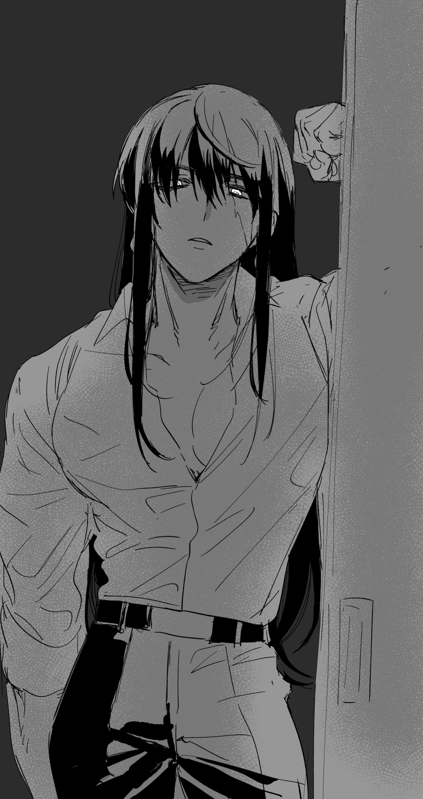 belt huge_breasts long_hair muscular muscular_female path_to_nowhere pov rahu_(path_to_nowhere) scar suit taller_female taller_girl