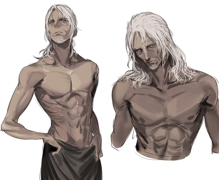 abs elden_ring fromsoftware hanny_(uirusu_chan) male male_only old_man older_male shadow_of_the_erdtree sir_ansbach topless topless_male towel towel_around_waist white_hair