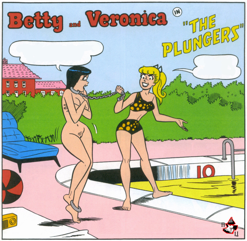 2girls archie_comics betty_and_veronica betty_cooper black_hair blonde_hair chains female female_only multiple_girls nude pig_tsar swimsuit veronica_lodge