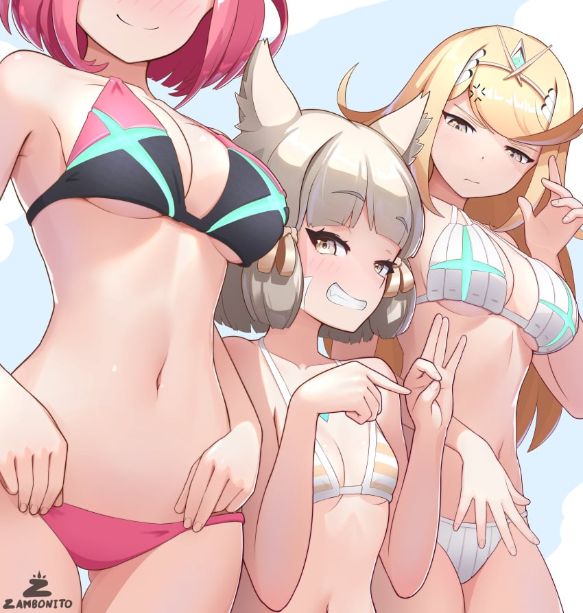 3girls :/ absurdres adapted_costume adjusting_clothes adjusting_swimsuit ass_visible_through_thighs bikini blonde_hair blush breasts chest_jewel core_crystal facial_mark grey_hair grin head_out_of_frame highres large_breasts looking_at_another multiple_girls mythra nia penetration_gesture pyra red_bikini red_hair small_breasts smile striped_bikini striped_clothes suggestive suggestive_gesture swimsuit tiara whisker_markings white_bikini xenoblade_(series) xenoblade_chronicles_2 zambonito