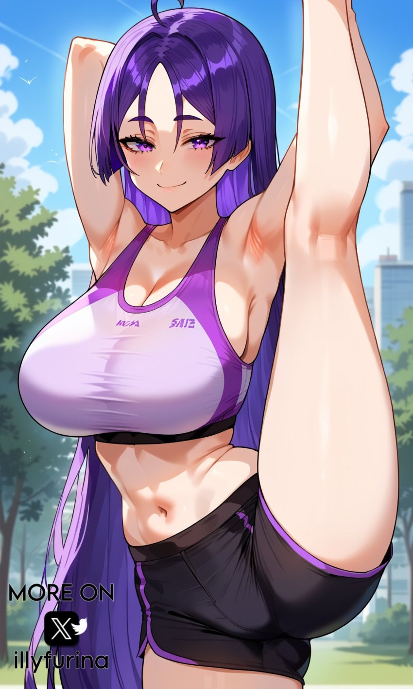 abdomen ai_generated armpits arms_up bangs big_breasts big_breasts breasts breasts crop_top fate/grand_order female female female_focus female_only gym gym_uniform huge_boobs huge_breasts illyfurina large_breasts leg_up long_hair long_sleeves looking_at_viewer minamoto_no_raikou_(fate/grand_order) navel pale-skinned_female pale_skin purple_eyes purple_hair pussy seducing seduction seductive seductive_body seductive_eyes seductive_gaze seductive_look seductive_mouth seductive_pose seductive_smile shorts skinny skinny_female smile smiling smiling_at_viewer stable_diffusion standing standing_up stretching waifu waifu_diffusion watermark woman_focus woman_only