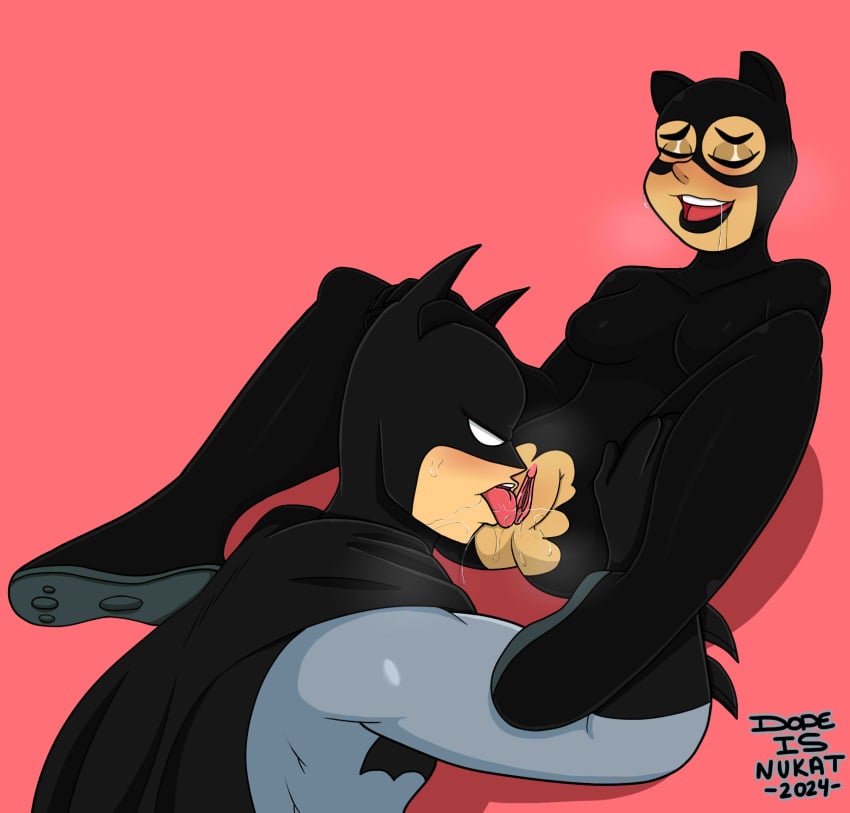 1boy 1boy1girl 1girls batman batman_(bruce_wayne) batman_(series) bodysuit canon_couple cape catwoman cunnilingus dc dc_comics dopeisnukat female hand_on_head hand_on_leg licking_pussy male pussy pussy_juice pussy_juice_drip ripped_bodysuit selina_kyle simple_background