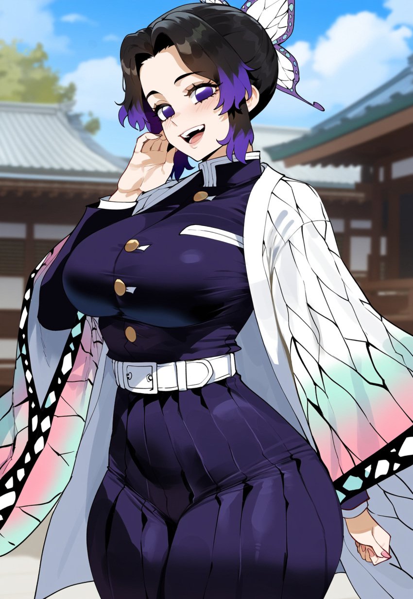 1girls ai_generated black_hair creamy_ai curvy demon_slayer demon_slayer_uniform kimetsu_no_yaiba kochou_shinobu large_breasts multicolored_hair purple_eyes purple_hair solo thiccwithaq_(ai_style) thick_thighs wide_hips