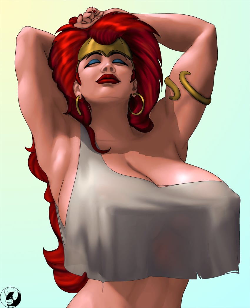 2d 2d_(artwork) armlet armpits arms_up athletic athletic_female big_breasts blindanubis breasts busty cleavage closed_eyes crop_top demona digital_art digital_drawing_(artwork) digital_media_(artwork) digital_painting_(artwork) disney disney_channel earrings erect_nipples eyeshadow female female_focus female_human female_only gargoyles hourglass_figure human human_female large_breasts light-skinned_female light_skin lipstick long_hair makeup nipple_bulge pinup pinup_pose red_hair tagme tiara