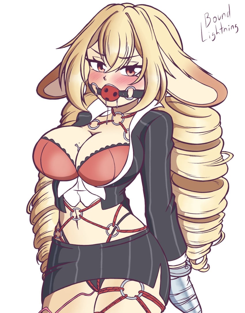 1girls animal_ears ball_gag bdsm_gear black_panties blonde_hair blush bondage boundlightning bra breasts bunny_ears bunny_girl clothed clothing english_text female female_only femsub handcuffed handcuffs huge_breasts light-skinned_female light_skin looking_at_viewer panties red_bra restrained saliva shibi_cottonbum skirt solo text vallure virtual_youtuber