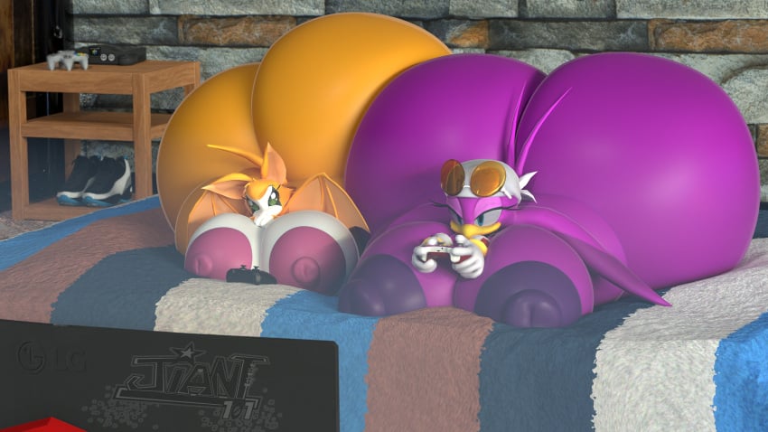 2girls 3d ass_bigger_than_head ass_bigger_than_torso fidget furry gaming hyper hyper_ass jiant101 massive_ass nimbat sonic_(series) tagme wave_the_swallow