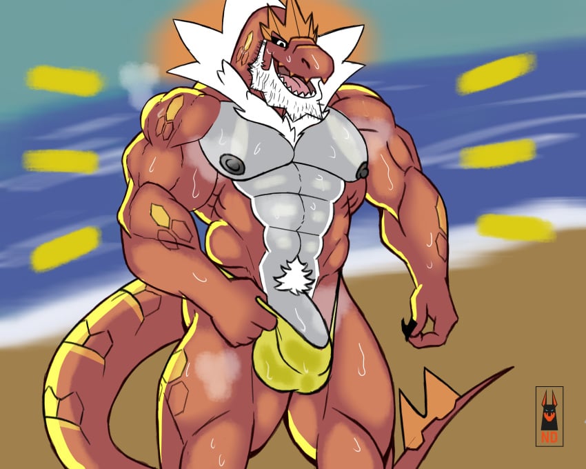 anthro artist_request balls bara barazoku bulge dinosaur flaccid male male_only muscles muscular musk nintendo penis pokemon scalie solo solo_male sweat sweating thong tyrantrum