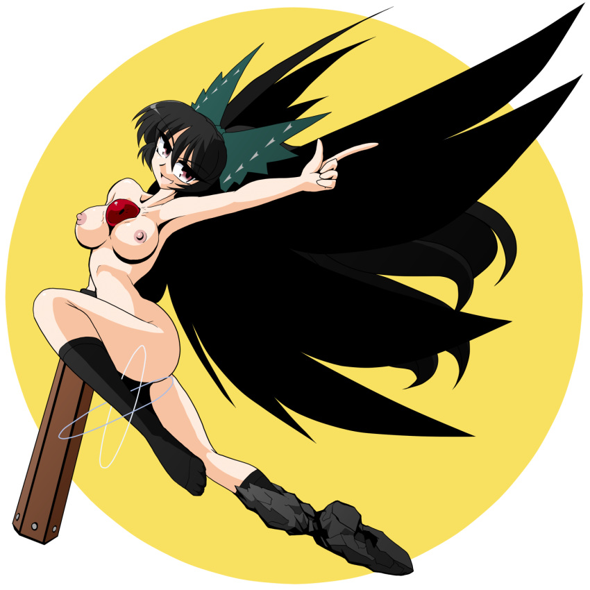 1girls arm_cannon black_hair bow breasts female footwear highres kieyza long_hair nipples nude ribbon single_shoe socks solo touhou transparent_background utsuho_reiuji wings