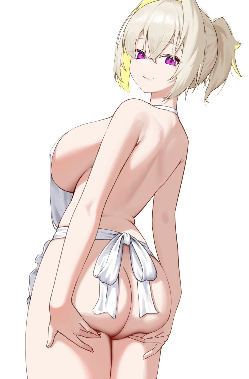 1girls absurdres alternate_hairstyle apron ass ass_support bare_arms bare_back bare_shoulders blonde_hair blush breasts closed_mouth commentary cowboy_shot crossed_bangs elegg_(nikke) frilled_apron frills from_behind goddess_of_victory:_nikke hair_between_eyes hands_on_own_ass high_ponytail highres huge_breasts looking_at_viewer looking_back multicolored_hair naked_apron nikku_nana ponytail purple_eyes short_hair sideboob simple_background smile solo standing streaked_hair symbol-only_commentary thighs two-tone_hair white_apron white_background