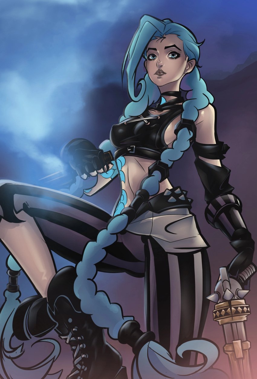 1girls 7zaki blue_hair female jinx_(league_of_legends) league_of_legends nipples_visible_through_clothing