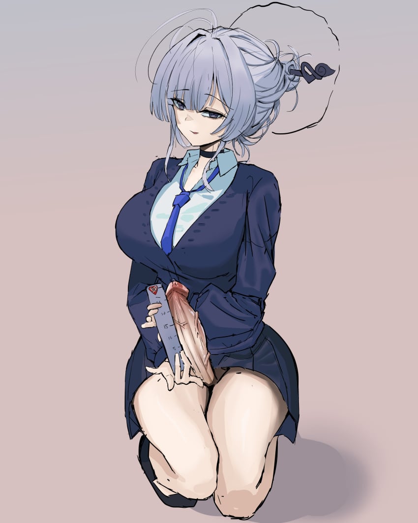 1futa absurdres black_choker black_skirt blue_cardigan blue_necktie bottomless breasts cardigan choker clothed clothing collared_shirt erection full_body futa_only futanari grey_eyes grey_hair grey_halo hair_bun hair_ornament hair_stick halo highres holding_ruler human itokonoue_kaoru kneeling large_breasts large_penis light-skinned_futanari light_skin long_sleeves looking_at_viewer mostly_clothed necktie penis penis_measuring project_kv shirt single_hair_bun skirt smile solo testicles uncensored veins veiny_penis white_shirt yaegum2001