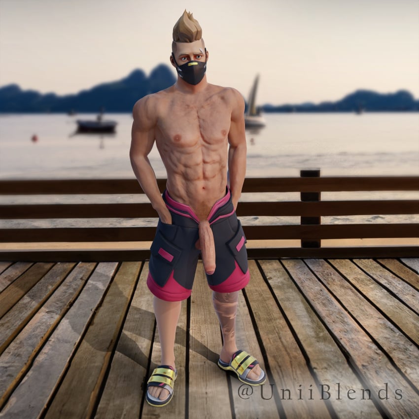 3d 3d_model abs balls bara biceps big_balls big_penis blonde_hair drift_(fortnite) epic_games fortnite male male_nipples male_only manly mohawk mohawk_(hairstyle) muscular_male nipples pecs penis sandals shorts swimming_trunks uniiblends