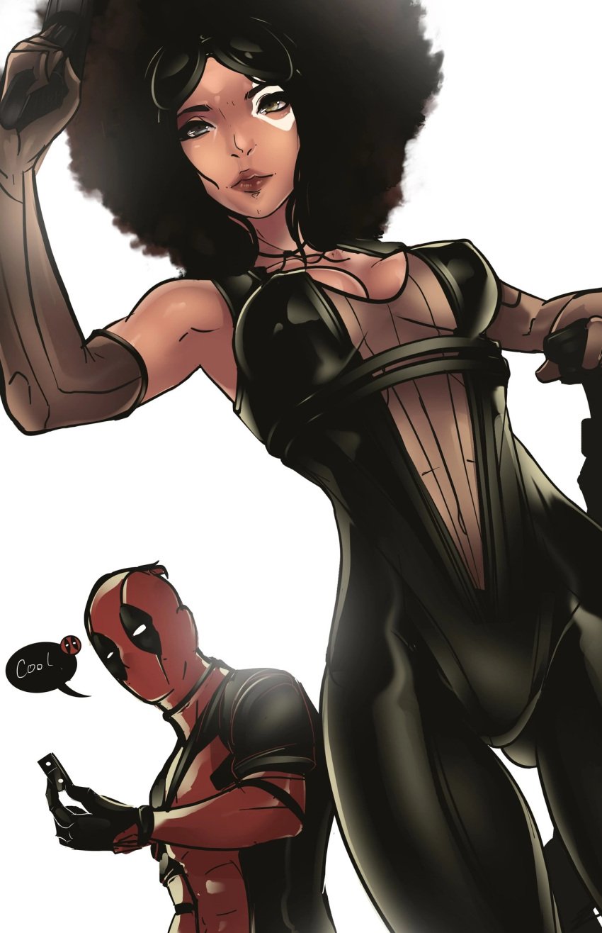 1boy 1girls 7zaki afro afro_hair cleavage dark-skinned_female deadpool deadpool_2 domino_(marvel) female looking_at_viewer male marvel marvel_comics superheroine