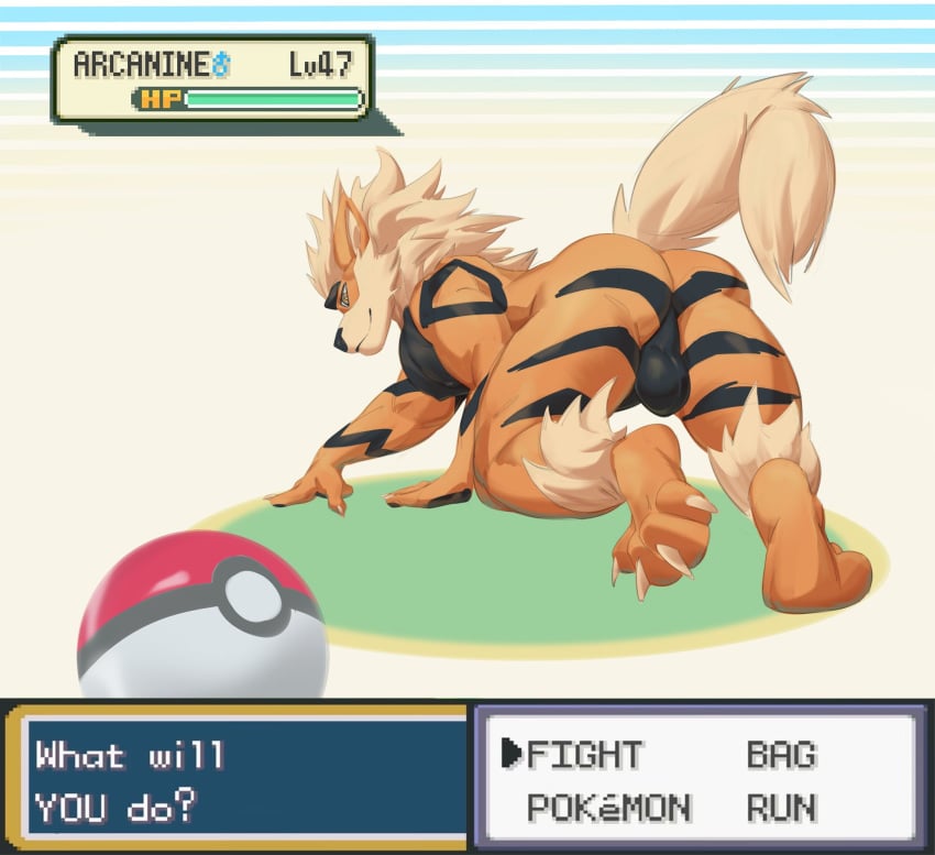 2020s 2024 all_fours anthro anthrofied arcanine ass backsack balls barazoku bedroom_eyes big_balls big_butt big_muscles claws cldmkr english_text eyebrows fur gameplay_mechanics genitals hi_res looking_at_viewer looking_back looking_back_at_viewer male menu muscular muscular_anthro muscular_male narrowed_eyes nintendo nipples nude pecs perineum pokeball pokemon pokemon_(species) pokemon_battle pokemorph seductive simple_background smile solo text thick_thighs tuft