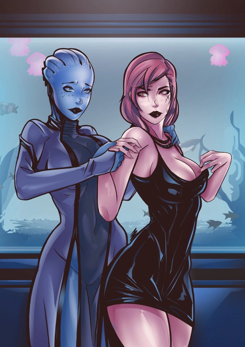 2girls 7zaki alien_girl asari big_breasts black_dress blue_eyes blue_skin cleavage commander_shepard dress female female_only femshep fish fish_tank freckles holding_hands implied_yuri liara_t&#039;soni lipstick little_black_dress mass_effect medium_hair necklace red_hair scar yuri