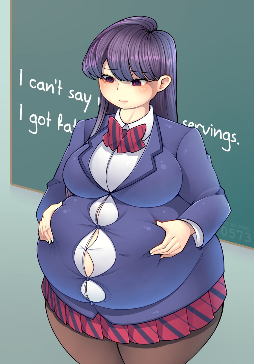 bbw belly belly_grab big_belly big_breasts button_down_shirt embarrassed fat fat_belly hands_on_belly komi-san_wa_komyushou_desu komi_can't_communicate komi_shouko overweight overweight_female pixiveo thick_thighs tight_clothing tight_fit wardrobe_malfunction weight_gain