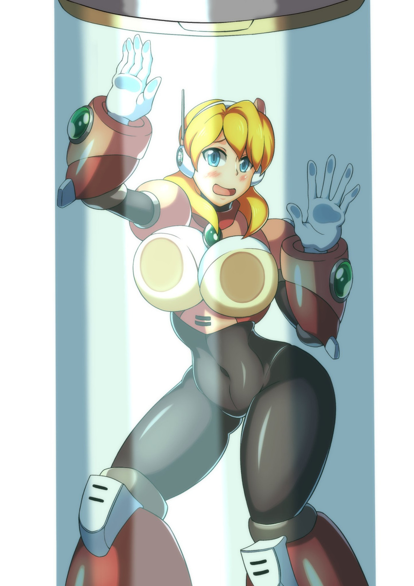 1girls alia big_breasts blonde_hair blue_eyes blush boob_window breasts_on_glass kotatuman_dash mega_man mega_man_x mega_man_x_dive robot_girl white_background