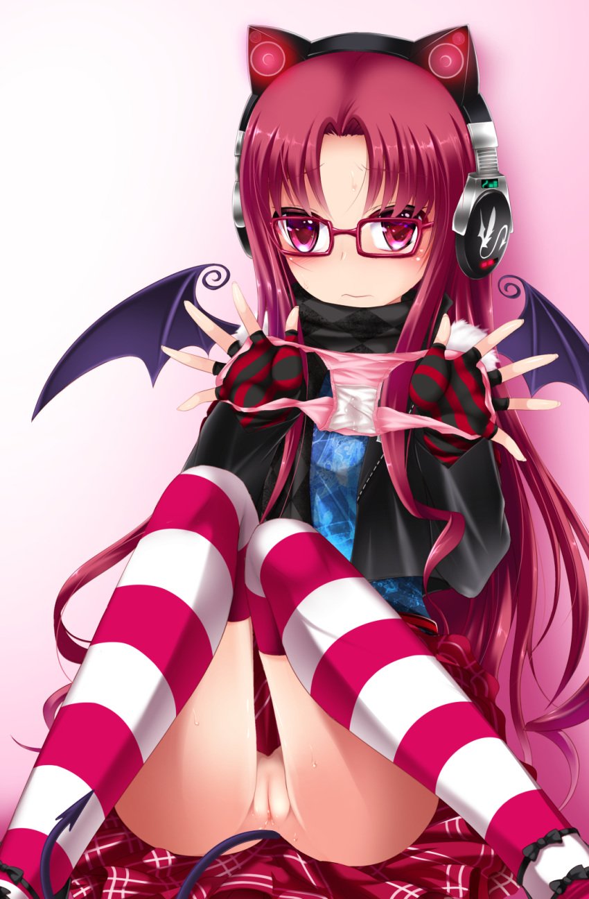 blush emil_chronicle_online female fingerless_gloves glasses gloves headphones highres holding holding_panties long_hair no_panties panties panties_removed pink_eyes pink_panties presenting_panties pussy pussy_juice_stain red-framed_glasses red_hair shimo_(depthbomb) sitting skirt skirt_lift solo striped striped_gloves striped_legwear tail uncensored underwear wet_panties wings