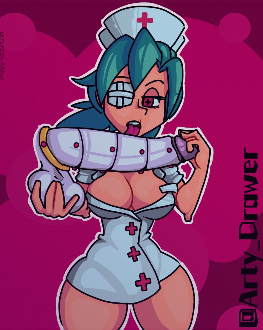 artemisadraw artist_signature brain_drain breasts dick nurse nurse_cap penis skullgirls tongue valentine_(skullgirls)