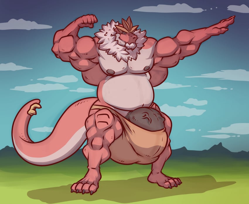 anthro balls bara barazoku bulge dinosaur flaccid flexing male male_only muscles muscular nintendo penis pokemon rackun scalie solo solo_male tyrantrum