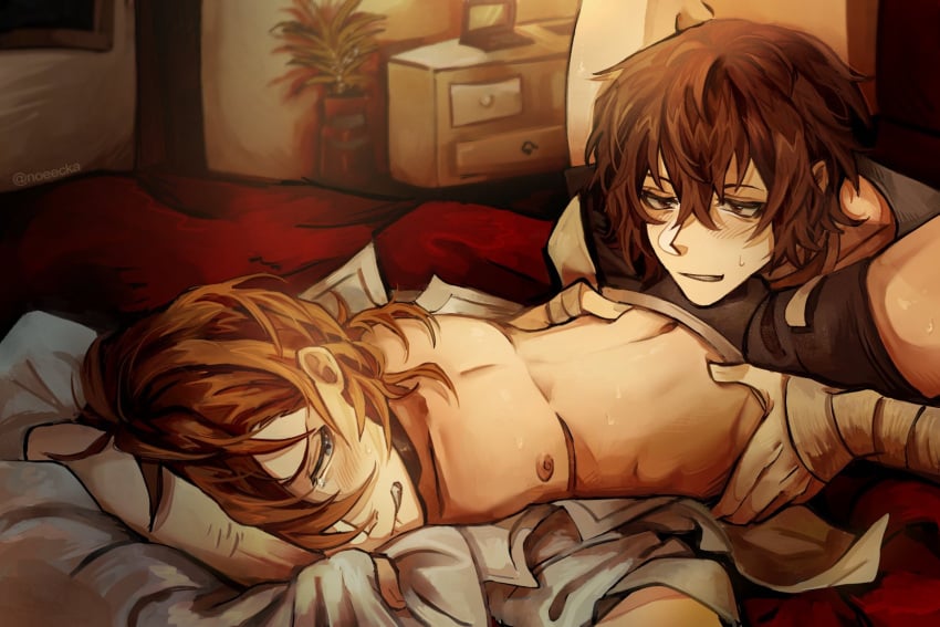 2boys bandage bandages bed bedroom bedroom_setting blush blush_lines blushing body_worship boxers brown_hair bsd bungo_stray_dogs bungou_stray_dogs chuuya_nakahara crying crying_with_eyes_open cuntboy dazai_osamu detailed_background duo duo_focus duo_male hands_on_hips intersex legs male/male mastectomy_scar nakahara_chuuya open_legs osamu_dazai shirt_open soukoku spread_legs tagme top_surgery_scars