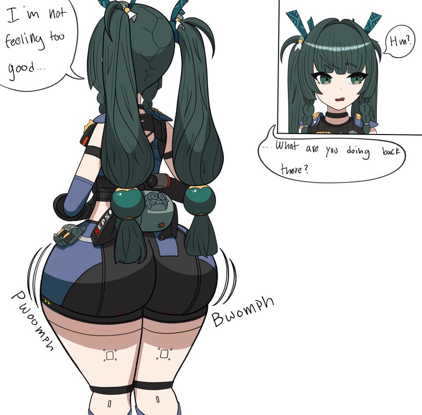 ass ass_expansion big_ass bubble_butt female huge_ass inflation lasagnainfl qingyi_(zenless_zone_zero) speech_bubble thick_thighs wide_hips zenless_zone_zero