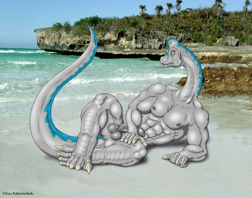 4_toes 5_fingers anthro balls beach big_balls big_penis big_tail blue_markings brachiosaurid brachiosaurus claws closed_eyes dinosaur feet fingers flaccid foreskin genitals grey_body grey_scales hi_res kaa_bakensobek lying male markings muscular muscular_male nipples nude nude_anthro outdoor_nudity outside penis photo_background photography_(artwork) prehistoric_species reptile sauropod sauropodomorph scales scalie solo tail toes