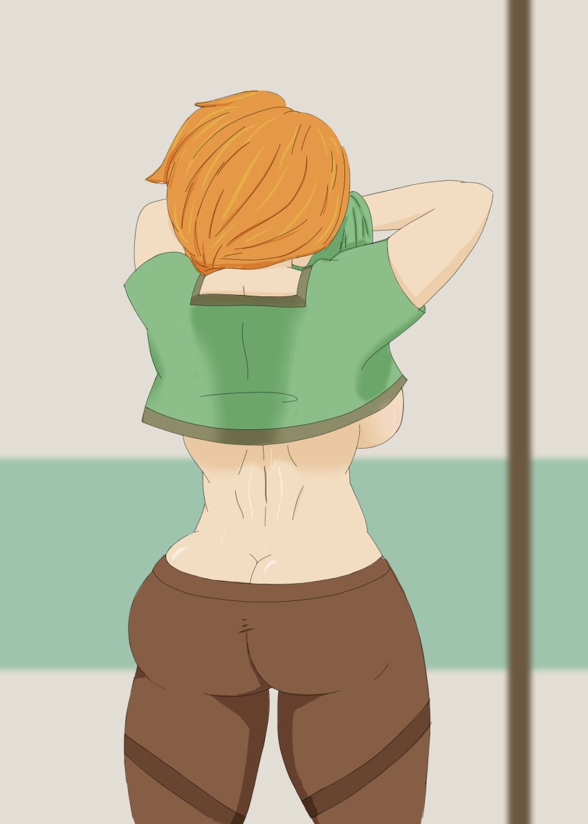 alex alex_(minecraft) ass ass breasts_from_behind lifting_shirt minecraft ryuko_redraw