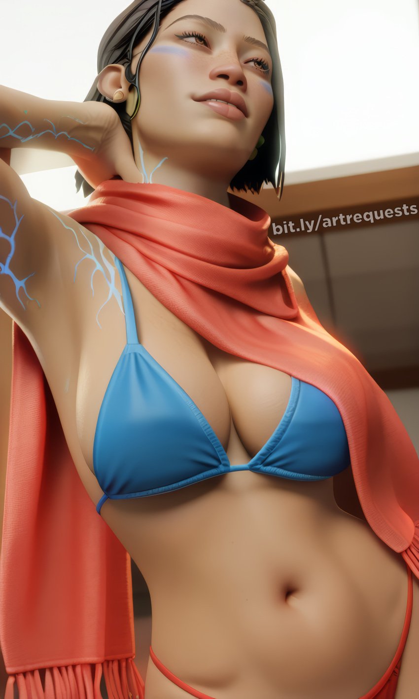 1girls 3d 3d_(artwork) abs ai_generated apex_legends arm_tattoo arm_up aroused asian asian_female bare_arms bare_midriff bare_shoulders big_breasts bikini bikini_bottom bikini_bra bikini_top black_hair blue_bikini blue_clothing blue_veins body_markings bra breasts brown_eyes clothed clothed_female commission conduit_(apex_legends) electronic_arts facepaint female female_focus female_only fit fit_female freckles freckles_on_face front_view hands_behind_head hazel_eyes hi_res high_resolution highres huge_breasts lips looking_away low-angle_view markings medium_breasts minekezhe model_pose modeling navel parted_lips perky_breasts red_panties respawn_entertainment round_breasts rowenna_divina sagging_breasts scarf self_upload short_hair short_ponytail slim slim_waist solo solo_female solo_focus stomach tattoo tattooed_arm teeth teeth_showing thong veins watermark web_address