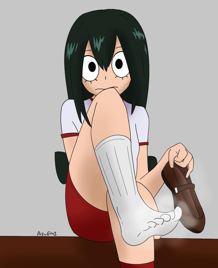 1girl 1girls asui_tsuyu azureemmi_(artist) female_focus female_only foot_fetish footwear froppy gym_uniform musk musk_clouds my_hero_academia sweat sweaty_feet tsuyu_asui