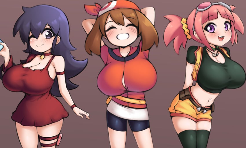 2024 3girls big_breasts blush dinosaur_king duel_masters eyes_closed female female_only huge_breasts looking_at_viewer may_(pokemon) pldf pokemon smile tagme tasogare_mimi wink winking_at_viewer zoe_drake