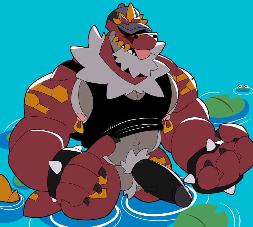 anthro balls bara barazoku boner bottomless dinosaur erection male male_only muscles muscular nintendo pantsless partially_submerged penis pokemon scalie solo solo_male tongue_out tyrantrum tysonvortex water