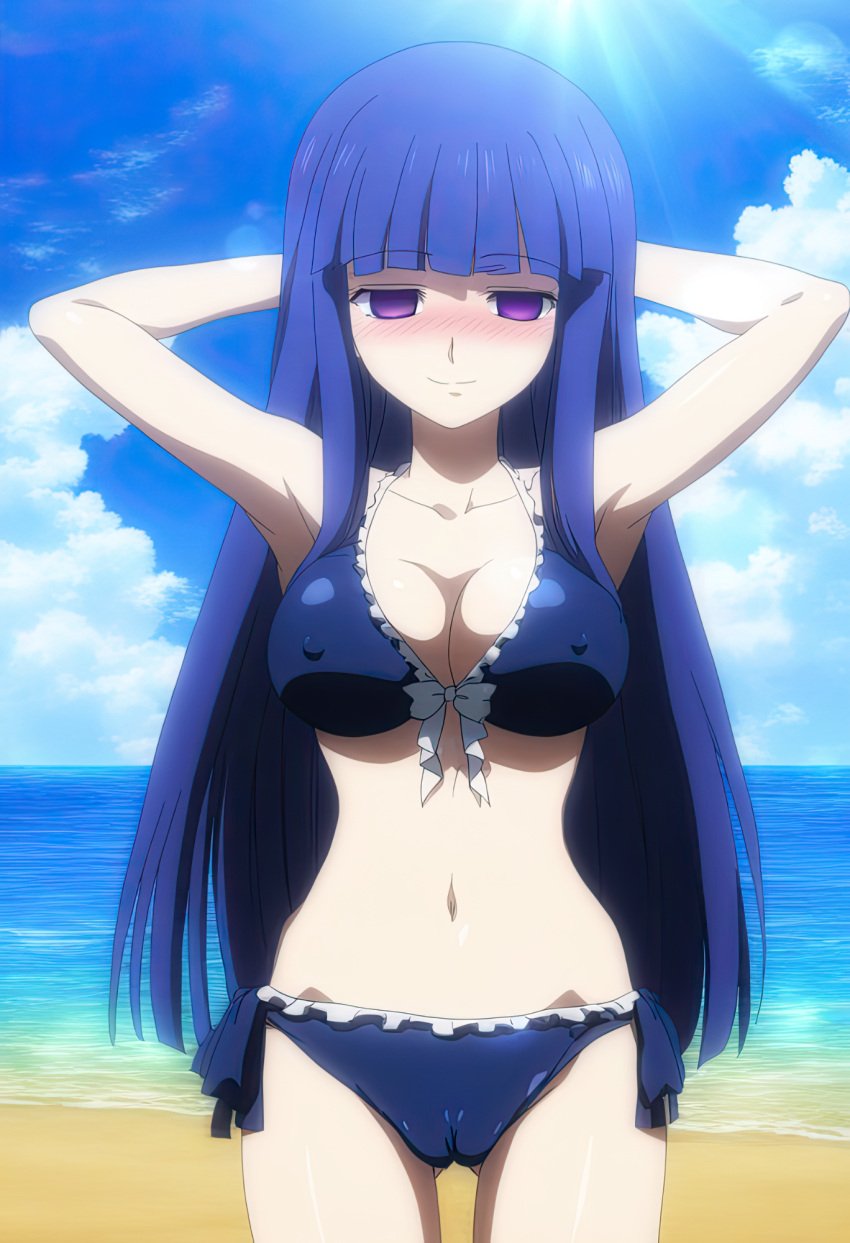 07th_expansion 2024 ai_generated armpits arms_behind_head beach blue_hair blush bra breasts cameltoe clouds female frederica_bernkastel hard_nipples highres light-skinned_female looking_at_viewer navel nipples_visible_through_clothing panties purple_eyes sand standing thin_eyebrows umineko_no_naku_koro_ni vanitas_ai