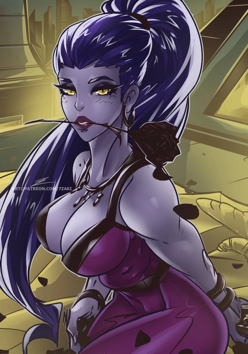 1girls 7zaki big_breasts breasts cleavage clothed eyeshadow female flower lipstick long_hair looking_at_viewer overwatch overwatch_2 ponytail purple_hair purple_skin rose rose_in_mouth solo widowmaker yellow_eyes