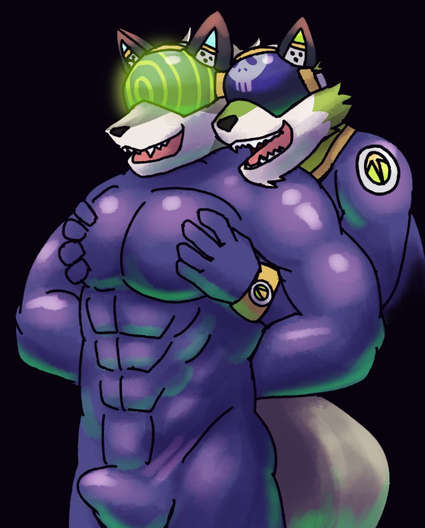 abs anthro balls_bulge brainwashing bulge canid canine canis duo erection fox full_body_suit fur gay green_body green_fur green_wolf_villain_(live_a_hero) grope groping_chest haha-yea hi_res hypnosis latex_suit lifewonders live_a_hero male male_only mammal mind_control pecs vulpecula wolf wolf_villain_(live_a_hero)