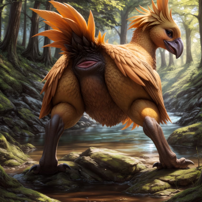 absurd_res ai_generated animal_genitalia avian avian_butt beak biped bird bird_feet bird_legs birdlover chocobo cloaca feathered_body feathered_crest feathers female feral forest genitals head_crest hi_res horizontal_cloaca looking_at_viewer looking_back plant raised_tail river scuted_feet scuted_legs scutes solo spread_legs spreading standing tail_feathers talons tree yellow_body yellow_feathers yellow_sclera