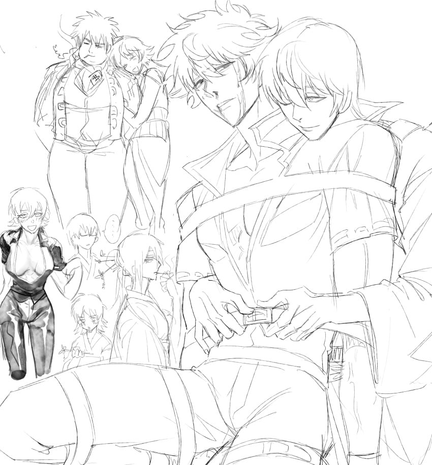 2boys blood bondage canon_genderswap cleavage duo_focus female genderswap_(mtf) ginko_sakata gintama gintoki_sakata hijikata_tenko hijikata_toshiro looking_at_another looking_back male male_focus monochrome multiple_scenes nosebleed okita_sougo restrained rule_63 short_hair sketch sketch_page smile takasugi_shinsuke yaoi yuzhoufeitian