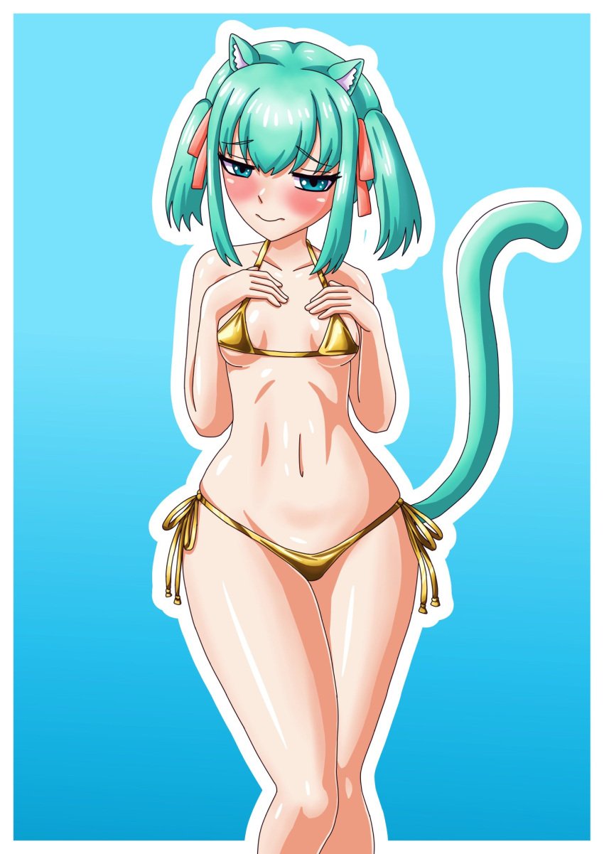 1girls 2020s 2024 aqua_eyes aqua_hair aqua_tail bikini blush breasts cat_ears cat_tail demosense golden_bikini gradient_background indie_virtual_youtuber nekomimi nyaocat small_breasts thighs virtual_youtuber