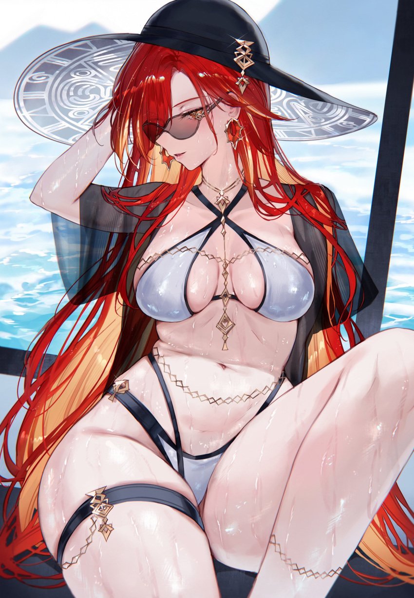 2024 2d 2d_(artwork) alternate_costume belly belly_button bikini bikini_bottom bikini_top bra day genshin_impact high_resolution highres long_hair looking_at_viewer mature mature_female mavuika_(genshin_impact) navel non-ai non-ai_generated non-generated_ai outdoors qiandaiyiyu red_eyes red_hair sexy suggestive suggestive_look summer sunglasses swimsuit thong thong_bikini tinted_eyewear two_piece_swimsuit wet wet_body