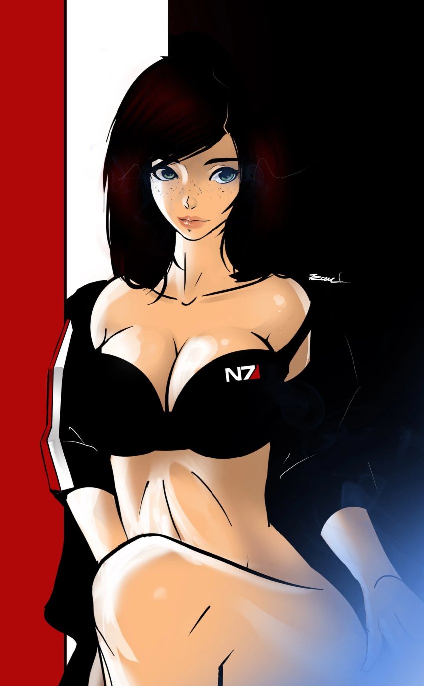 1girls 7zaki big_breasts blue_eyes bra brown_hair cleavage commander_shepard female femshep freckles long_hair mass_effect off_shoulder solo