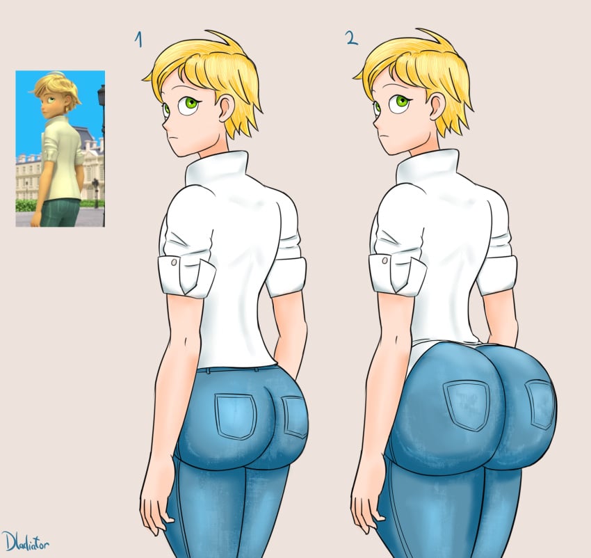 adrien_agreste artist_name back_view big_ass big_butt blonde_hair disney dladiator enormous_butt femboy jeans male_only miraculous_ladybug screenshot tagme thick_ass thick_femboy thick_thighs two_versions unaware